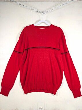 Vintage 80s Obermeyer Crewneck Ski Sweater Mens XL Red Black Stripe Wool Blend